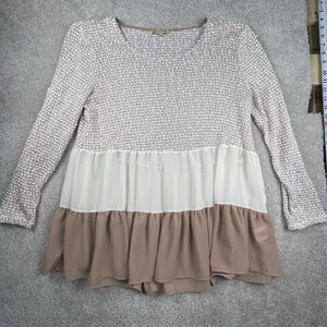Oh Gussie Womens Blouse L Tan Cream Chiffon Peplum Layered Long Sleeve Knit